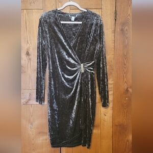 Crushed Velvet Long-Sleeve Faux-Wrap Dress - Dark Olive